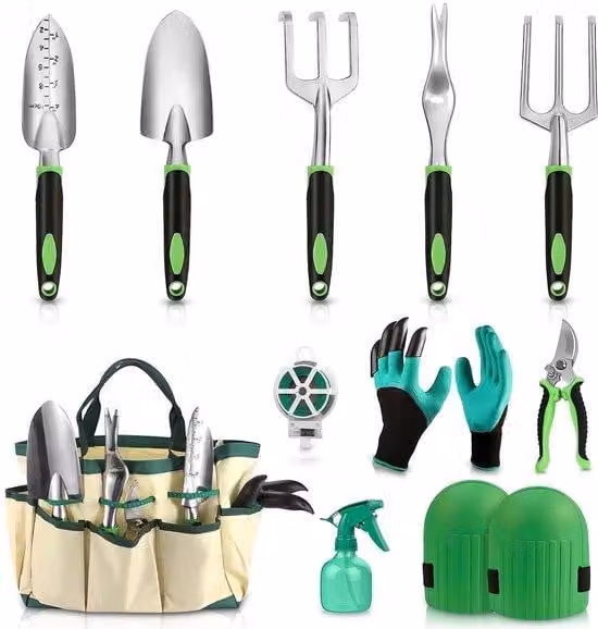 Set di attrezzi da giardino Ibenzoa® – set completo di utensili per il giardino, con elementi in acciaio inossidabile, manici ergonomici e una pratica borsa per il trasporto (pala, rastrello, zappa, forbici da giardino)