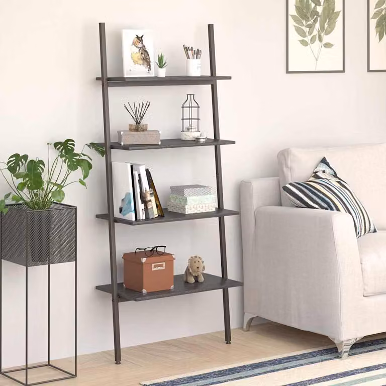 Scaffale a scala vidaXL nero con 4 livelli in metallo e legno L: 64 cm, P: 34 cm, H: 150,5 cm
