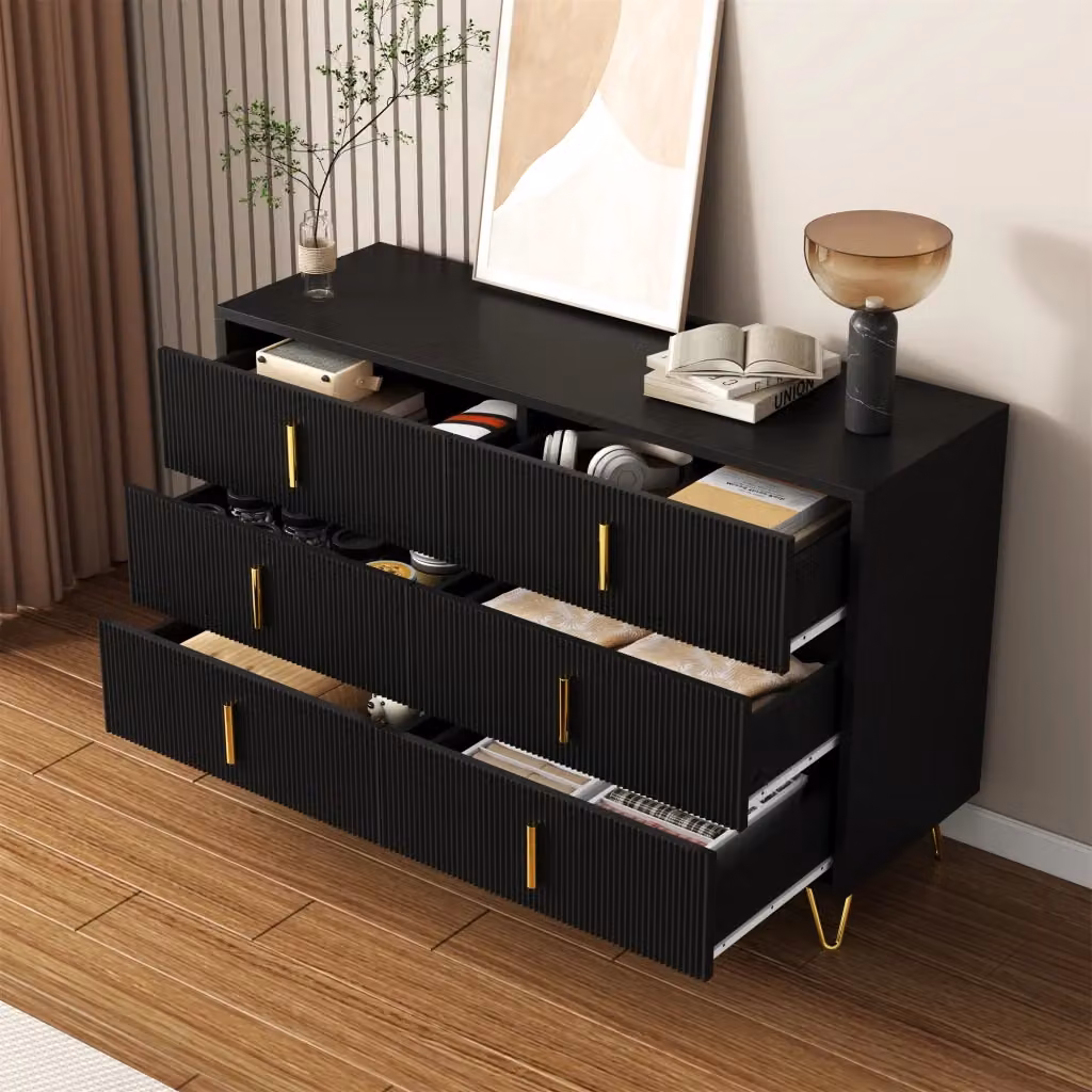 Credenza e madia moderna con 6 cassetti e gambe dorate, colore nero e oro, L/P/H: 120 x 40 x 77 cm – 2