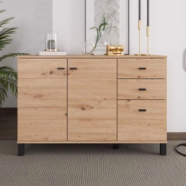 Madia Guatav DMORA con 3 cassetti in rovere marrone e nero per soggiorno o cucina L: 116 cm, P: 35 cm, H: 78 cm