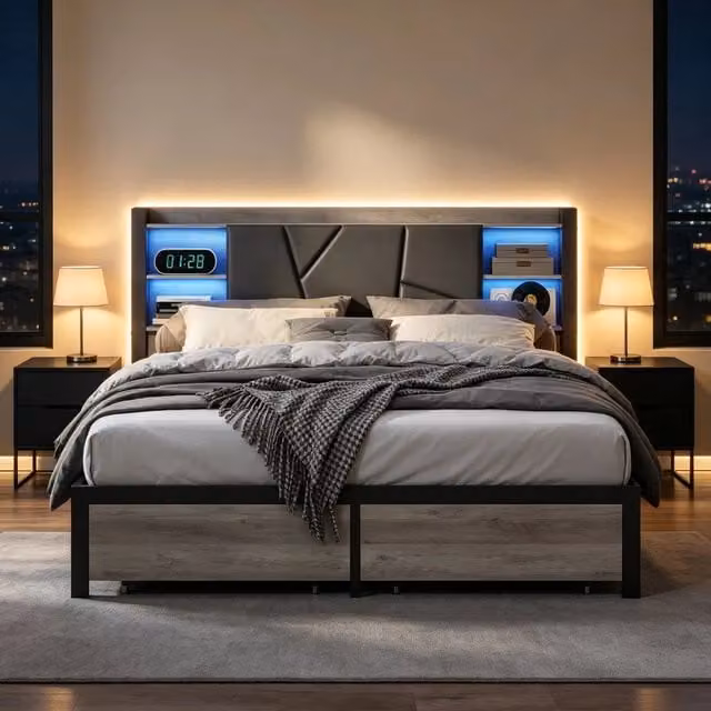 Letto Matrimoniale 160x200 cm;Letto rivestito in PU con 2 cassetti;Letto di ferro con USB e LED;Grigio