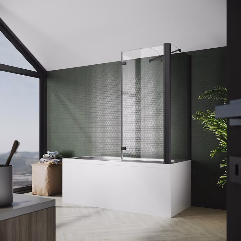 SONNI Attacco per vasca 120x140cm Schermo pieghevole in 2 pezzi Schermo doccia pieghevole con pannello laterale NANO in vetro da 6 mm Schermo doccia nero