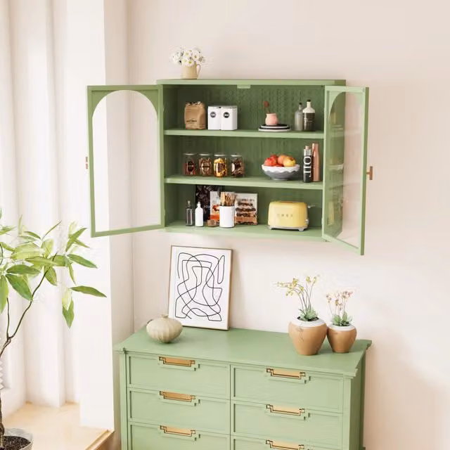 Armadietto da parete verde 70x23x60 cm con 2 ante in vetro e 3 ripiani