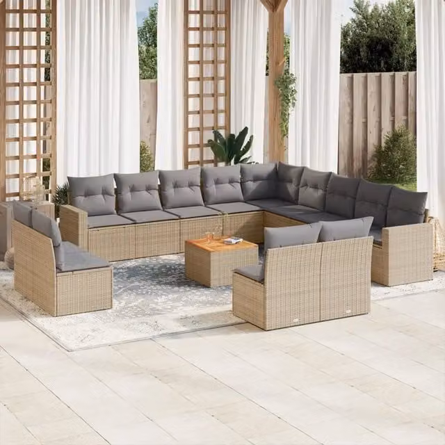 Set Divano da Giardino a L vidaXL in Polyrattan con Cuscini Beige e Grigio e Tavolino da Esterno