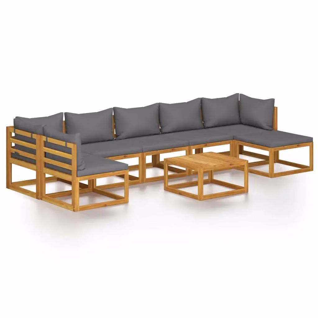 Set da giardino moderno vidaXL composto da 8 pezzi in legno di acacia con cuscini grigi e tavolino coordinato – 2
