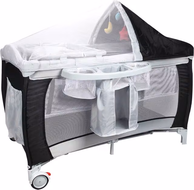 Culla pieghevole Design Mania con zanzariera e due livelli regolabili, colore nero, L: 120 cm, P: 60 cm, H: 76 cm