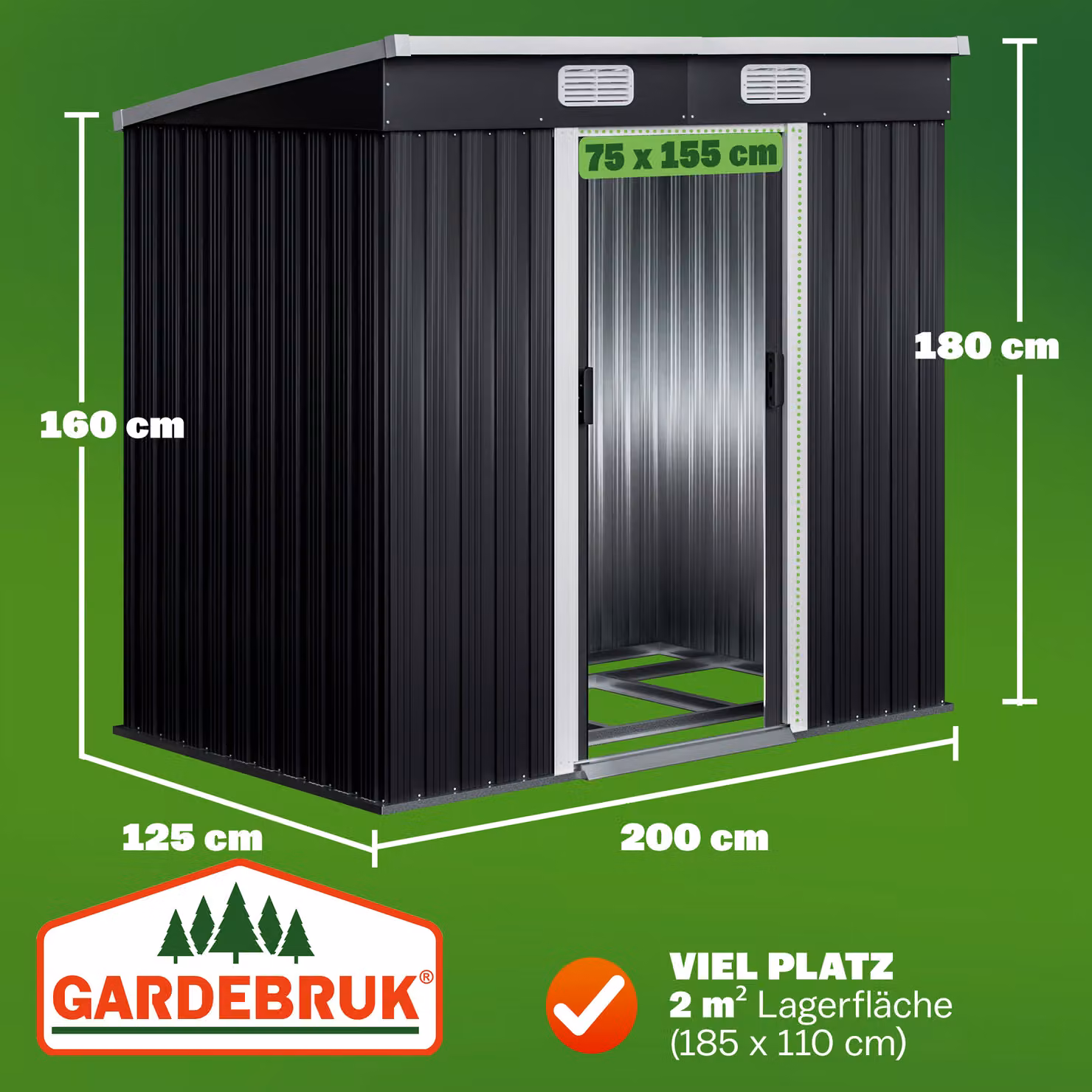 Casetta da giardino moderna Gardebruk in acciaio zincato antracite L: 196 cm, P: 122 cm, H: 181 cm – 3