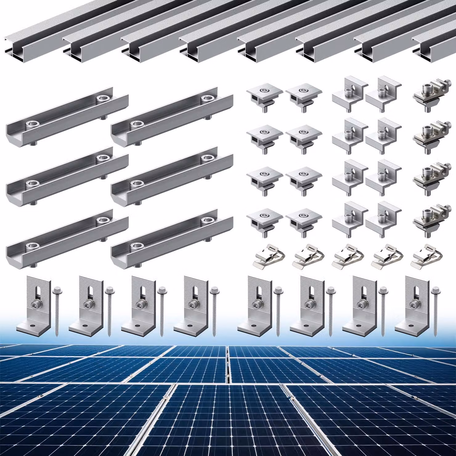 Kit di supporto per impianti fotovoltaici da balcone, per 4-5 moduli, composto da: 8 binari da 1,2 metri, 6 staffe da 120 mm e 8 connettori