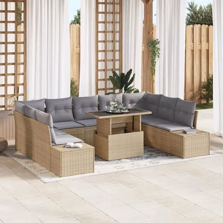 Set Divano da Giardino vidaXL 10 Pezzi in Polyrattan Beige con Cuscini e Tavolino da Caffè