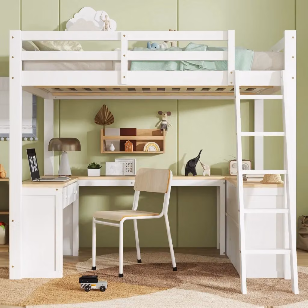 Letto a soppalco MIVRAY in legno di pino e MDF bianco naturale con scrivania a U, due cassetti e scala inclinata, L/P: 200 x 140 cm, H: 185 cm – 2