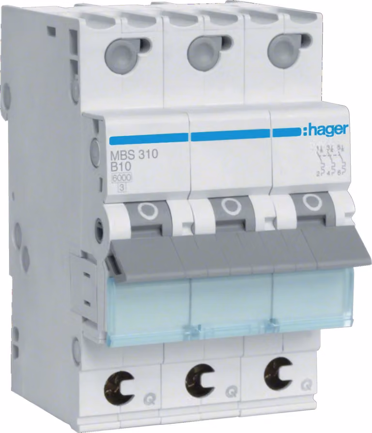 Interruttore LS Hager a 3 poli 6 kA caratteristica B 10 A 3 moduli Hager MBS310, 1 pz.