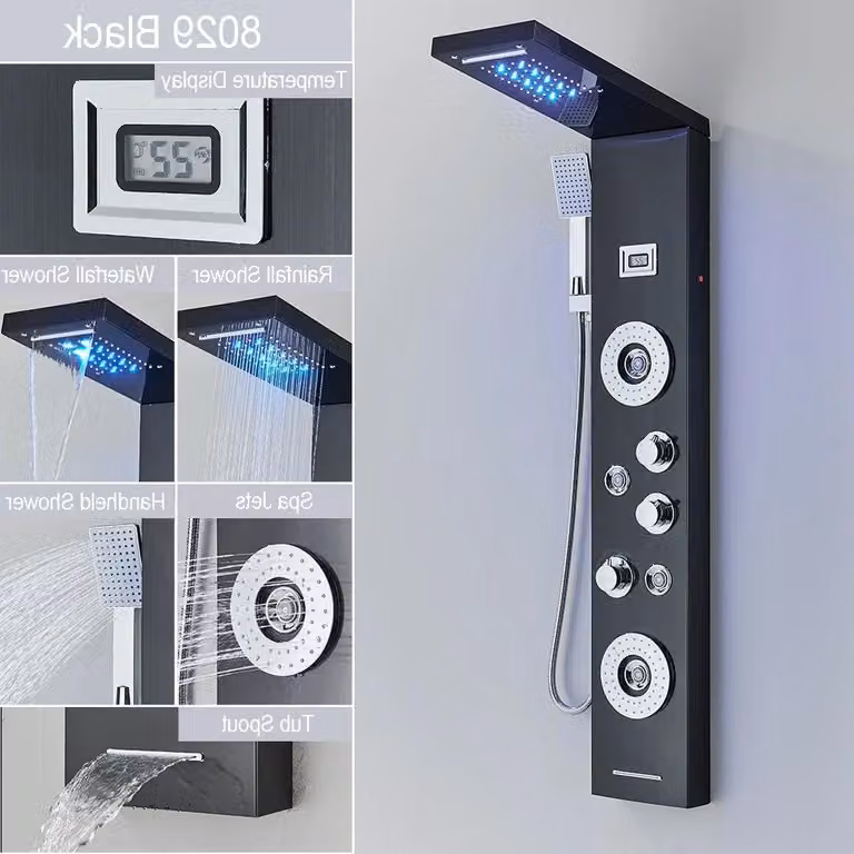 Colonna doccia LED - Cascata e doccia a pioggia - Getto massaggio - Display della temperatura - Nero