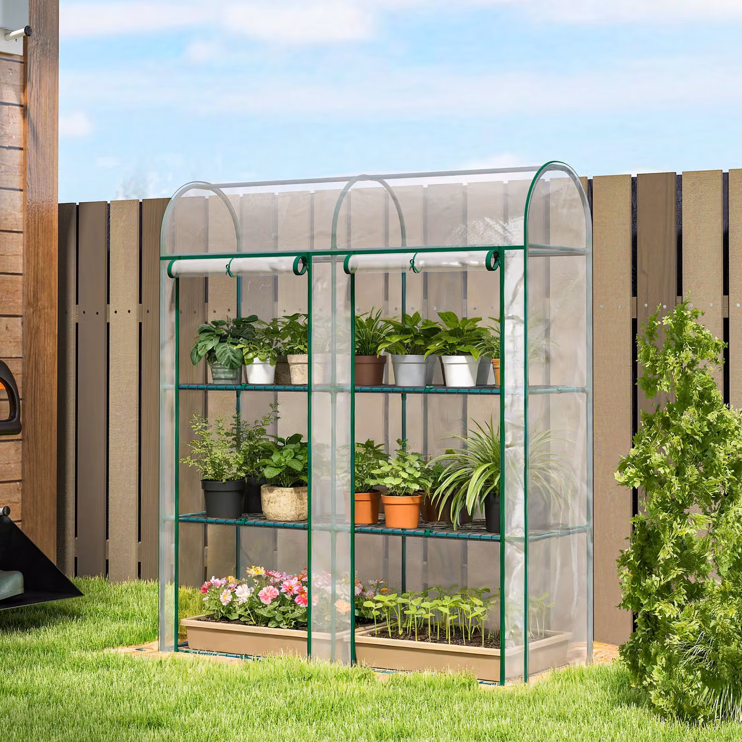 Outsunny Serra Piccola a 3 Livelli con 2 Porte Avvolgibili, Telaio in Acciaio e Copertura in Plastica Trasparente, L: 143 cm, P: 46 cm, H: 164 cm – 2