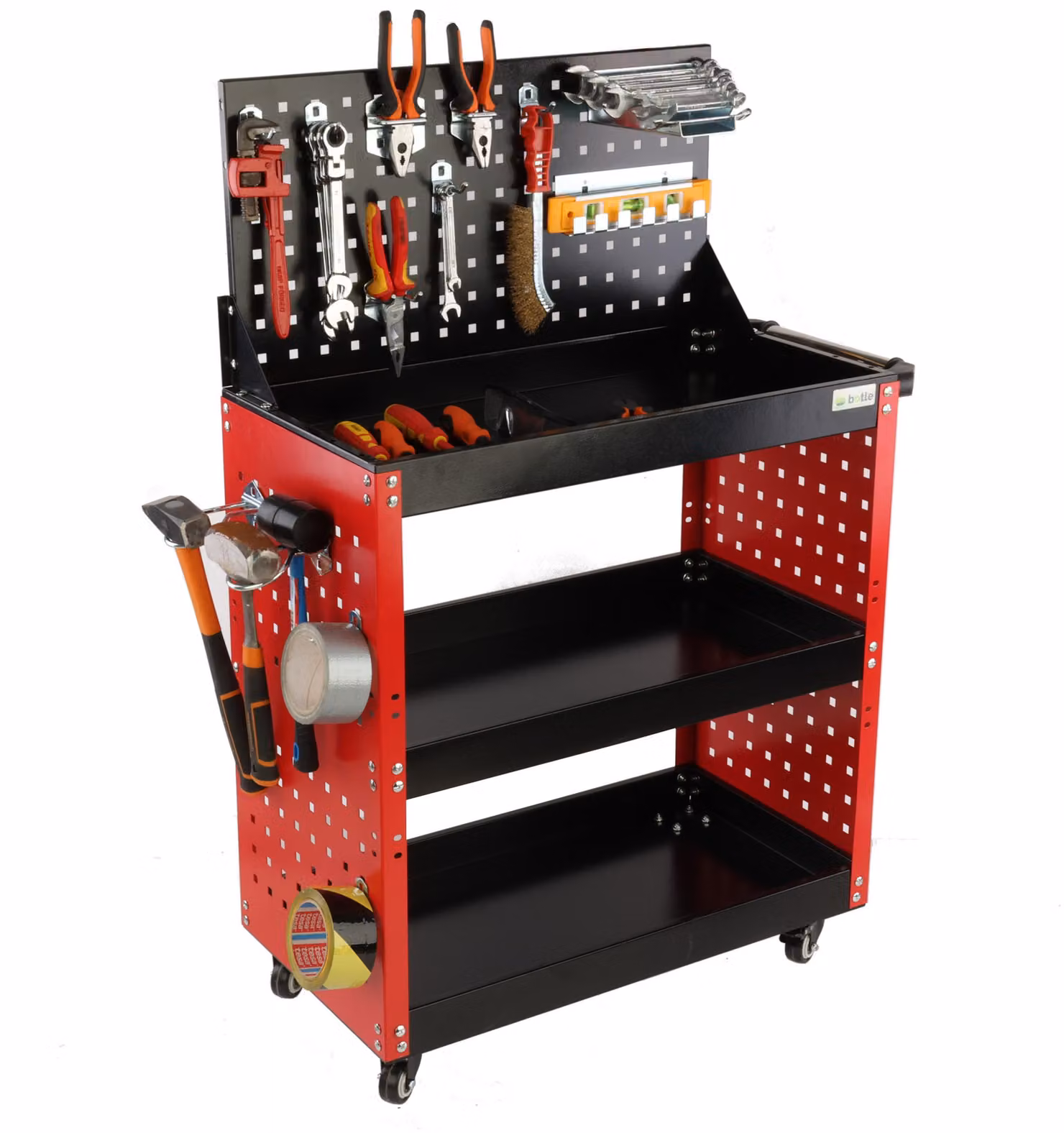 Carrello di servizio, carrello da officina, carrello portautensili con 3 scomparti fino a 100 kg, carrello con pareti forate, set di ganci metallici, carrello multifunzione, carrello a ripiani, carrello di montaggio per utensili da officina e servizio
