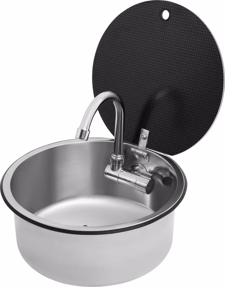Lavello da cucina per camper - Vasca rotonda - 34x15 cm - Acciaio inossidabile 304 - Rubinetto pieghevole e girevole - Coperchio in vetro temperato - Adatto per camper, caravan, barche - Argento