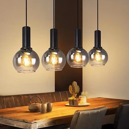 Lampada a sospensione ZMH, ideale per la sala da pranzo, con 4 luci, attacco E27, regolabile in altezza, stile industriale e vintage, adatta per camera da letto o ufficio, colore grigio fumo