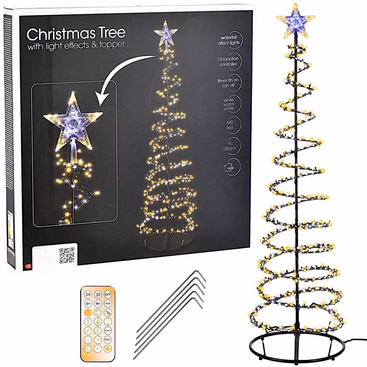 Albero di Natale a LED, altezza 180 cm, con 640 LED, effetto cascata, 15 funzioni di illuminazione e timer, struttura nera