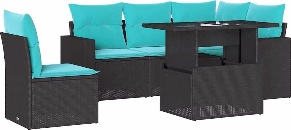 set di 6 divani da giardino con cuscini, in polyrattan nero