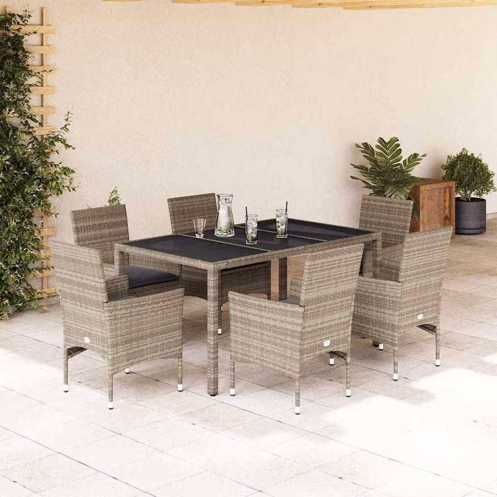 Set Pranzo da Giardino vidaXL in Polyrattan con Vetro e Cuscini Grigio Chiaro, 7 Pezzi