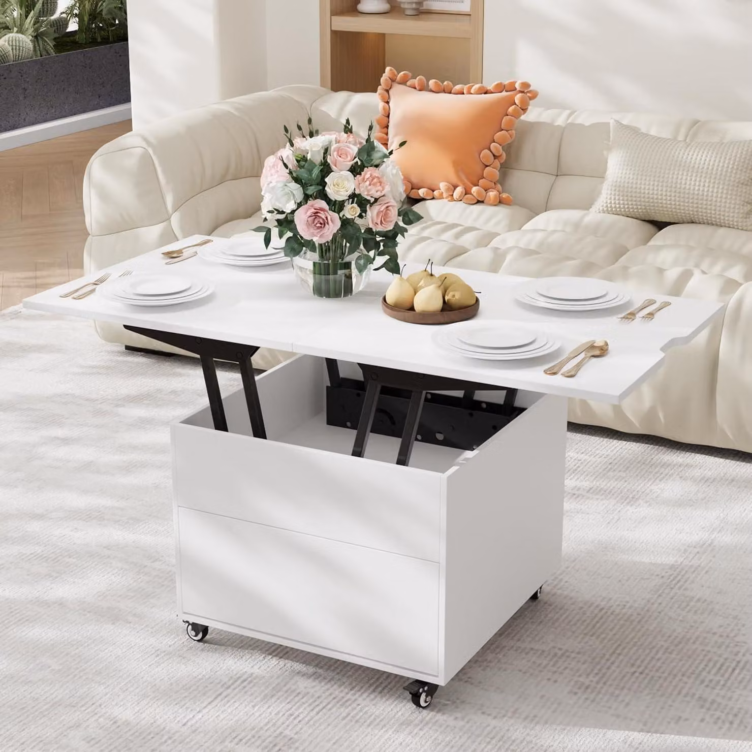 Tavolino da caffè regolabile in altezza, 120x60 cm, bianco, design 3-in-1