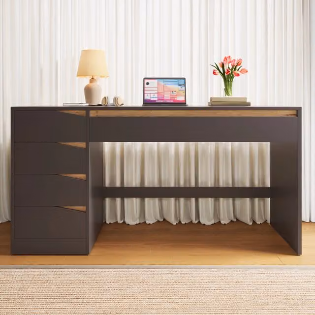 Scrivania 140x50 cm con 5 cassetti, MDF grigio con dettagli effetto quercia, tavolo da lavoro multifunzione per ufficio e camera