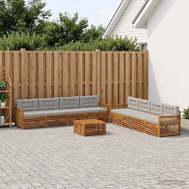 vidaXL Set di divani da esterno a forma di U in legno di acacia con tavolino da caffè e cuscini, Beige, Grigio e Marrone