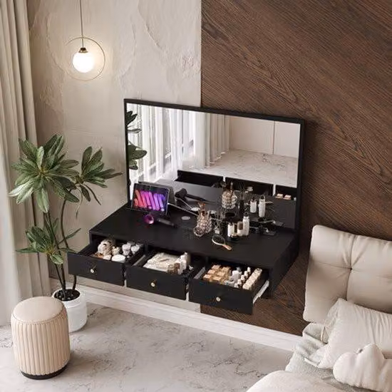 Comò da trucco – Tavolo con 3 cassetti e piano in vetro – Design salvaspazio – Manutenzione facile – Vetro ecologico – Nero