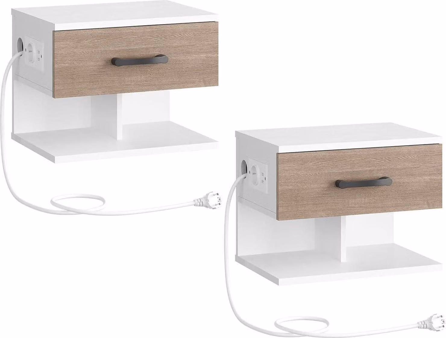 HOOBRO set di 2 comodini con stazione di ricarica a parete bianco greige