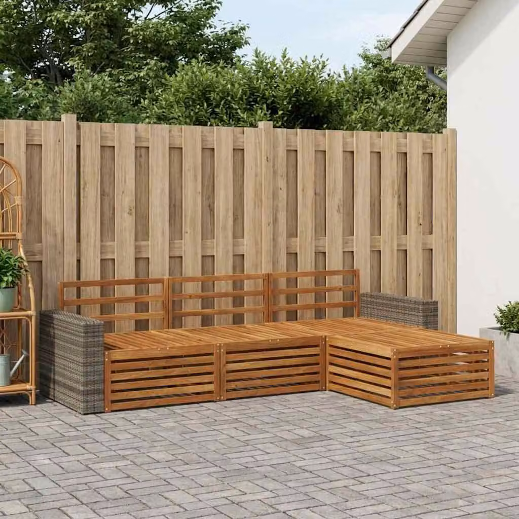 vidaXL Set di divani da esterno a L in legno di acacia massello marrone con pouf e cuscini inclusi