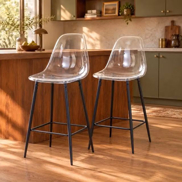 Set di sgabelli da bar trasparenti con struttura in metallo nero