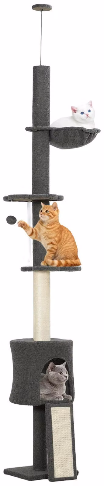 Albero per gatti da fissare al soffitto - Albero per gatti - Altezza regolabile da 200 a 240 cm - Con amaca e rifugio - In legno - Multilivello