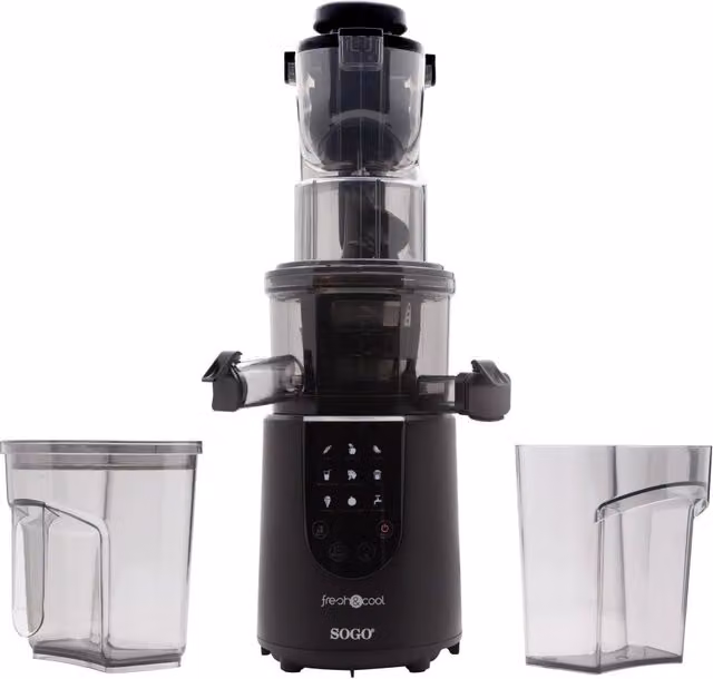 Estrattore di succo a freddo professionale SOGO nero con spremitura lenta 50-55 rpm, pannello touch con 9 programmi e potenza 200W