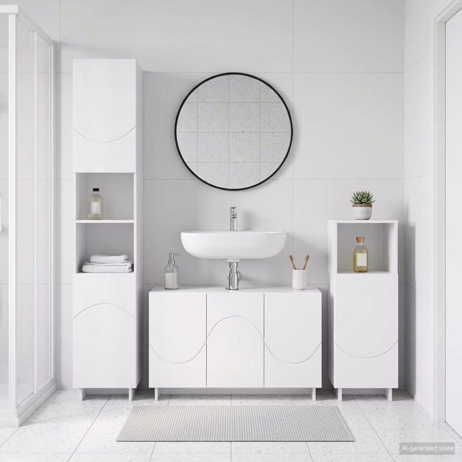 Set di mobili da bagno moderno vidaXL in 3 pezzi bianco lucido in legno MDF L/P/H: 101.0 x 41.0 x 67.39 cm, 58.0 x 41.0 x 67.39 cm e 120.0 x 41.0 x 67.39 cm