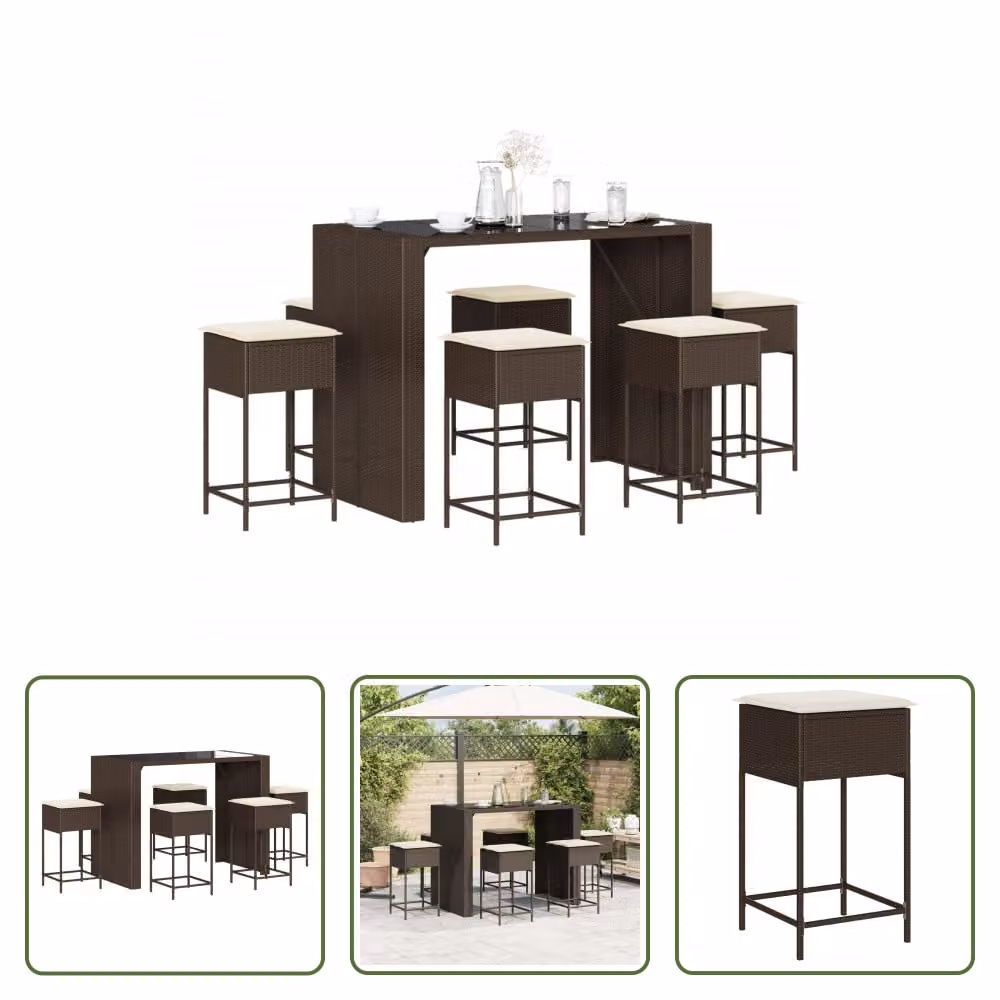 The Living Store Set bar da giardino 7 pezzi con cuscini in poly rattan marrone