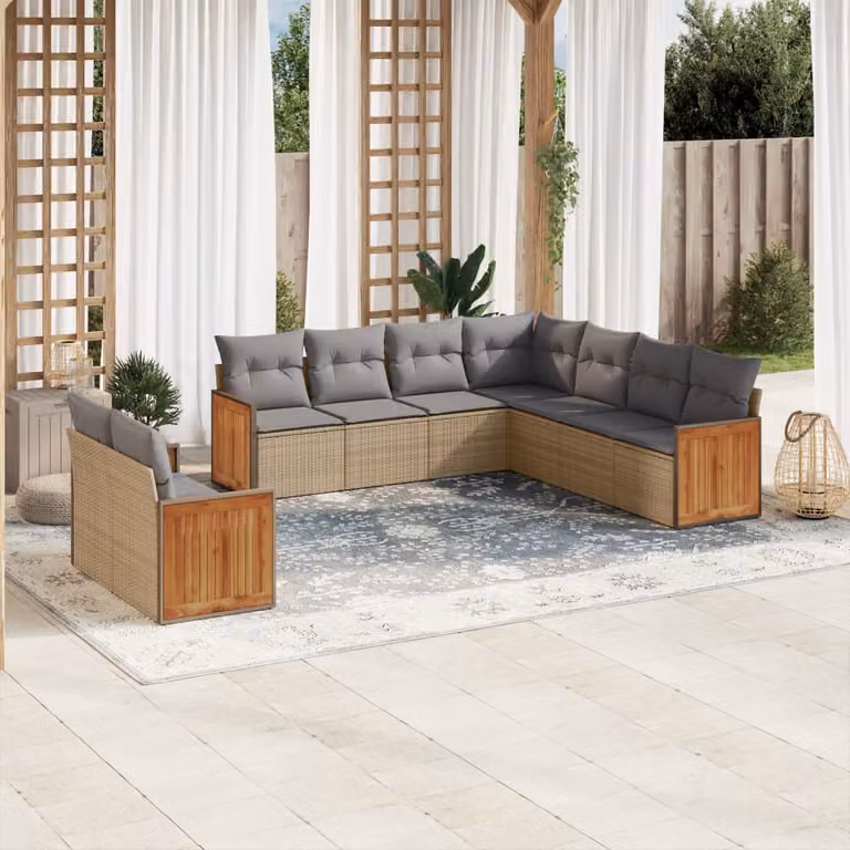 vidaXL Set Divano da Giardino a L 9 pz con Cuscini Beige e Struttura in Metallo e Legno di Acacia