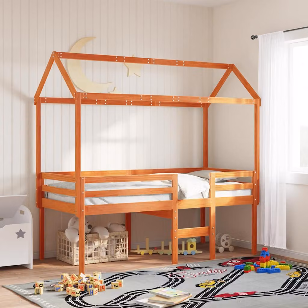 Tetto Letto per Bambini vidaXL in Legno Massello di Pino, Colore Marrone Cera, L/P/H: 207 x 80,5 x 151,5 cm