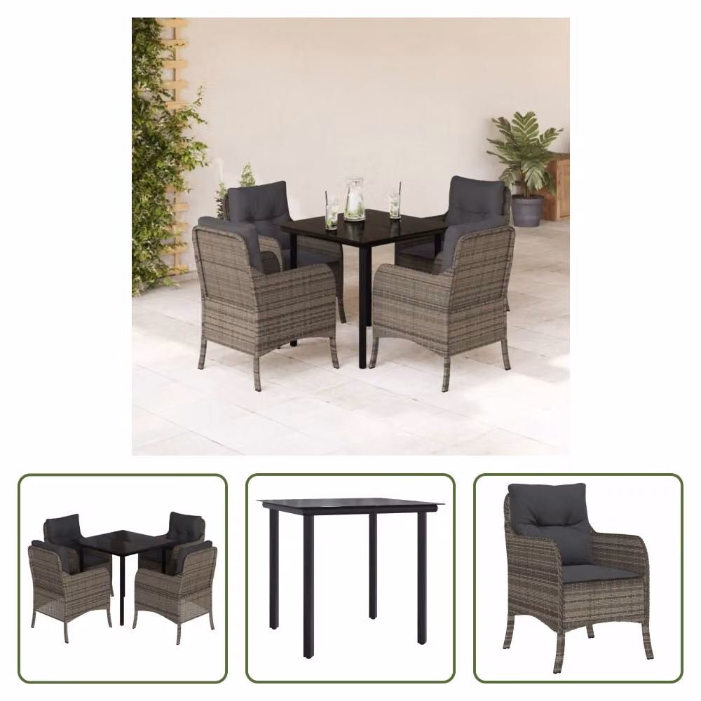 The Living Store Set da pranzo da giardino 5 pezzi con cuscini in poly rattan grigio
