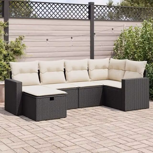Set Divano da Giardino a L vidaXL in Polyrattan Nero con 6 Cuscini Imbottiti e Copertura Inclusa