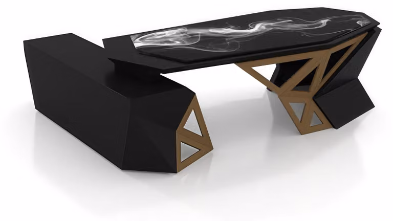 Scrivania moderna, design elegante, nera e dorata, con spazio contenitivo