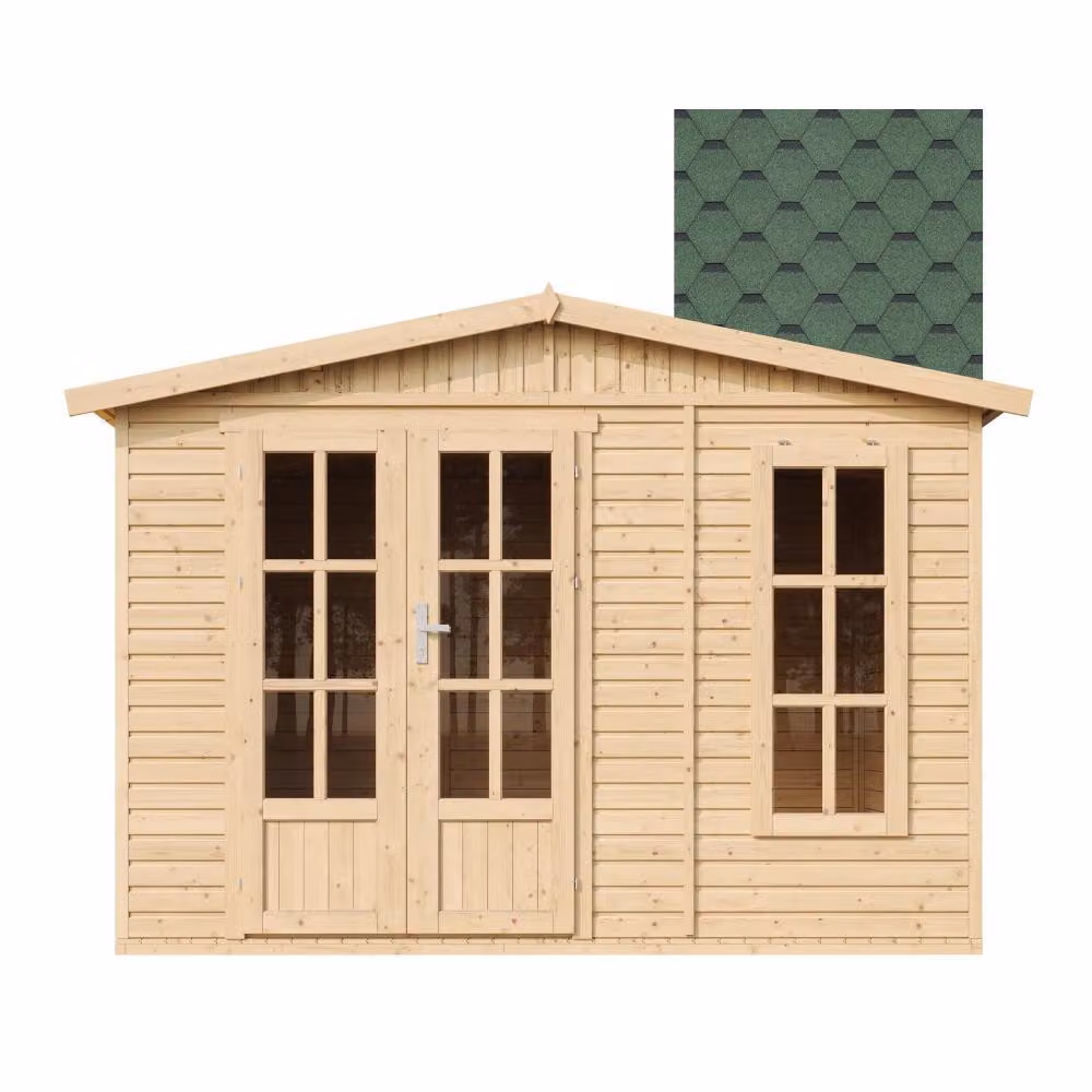 Casetta da giardino in legno 6 m2 - H232 x 332 x 222 cm - Grande casetta da giardino multifunzionale - Casetta per attrezzi in legno da giardino - Tegole bituminose verdi - TIMBELA M334FB+H334FBGREEN