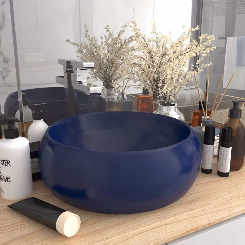 The Living Store Lussuoso lavabo rotondo blu scuro opaco 40x15 cm in Vetroceramica