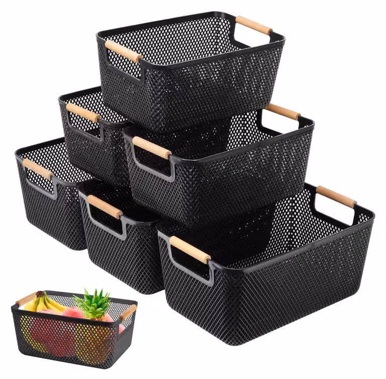 Set di contenitori per l'organizzazione, composto da 6 pezzi: 3 grandi (35x22,5x16,2 cm) e 3 di medie dimensioni (30x20,4x14,2 cm), ideali per la cucina e il bagno