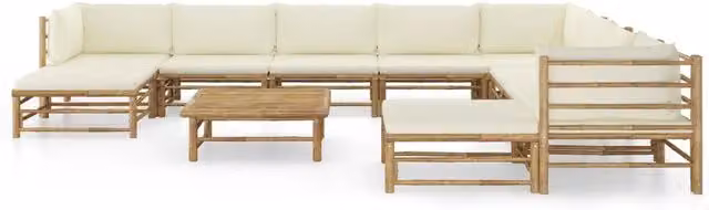 Set Salotto da Giardino vidaXL in Bambù con Cuscini Bianco e Beige 11 Pezzi