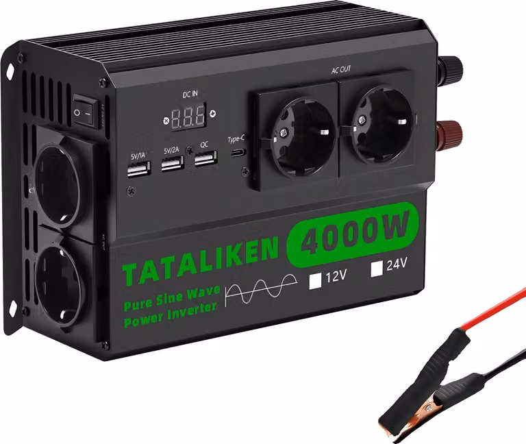 Inverter, 4 prese di corrente europee, ventola termostatica automatica, 4000W, colore nero