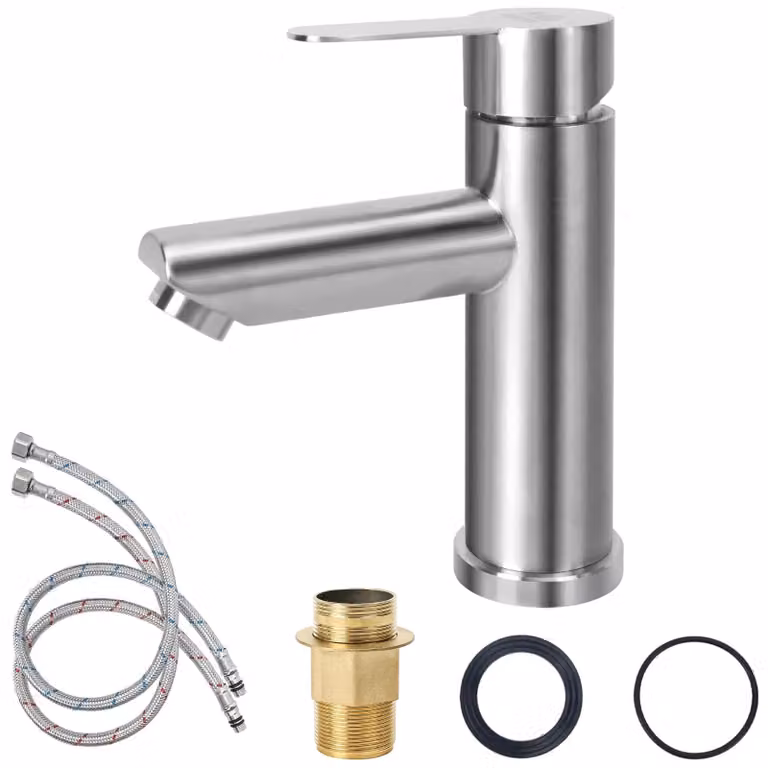 Miscelatore per lavabo, monocomando, acciaio inossidabile SUS304, argento, 1 pezzo