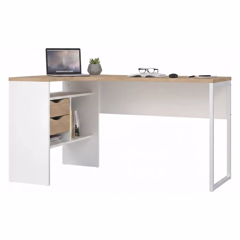 Scrivania Moire DMORA per ufficio e casa, tavolo moderno porta PC in bianco e rovere, L 145 cm x P 81 cm x H 77 cm – 2