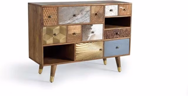Cassettiera moderna Giner y Colomer in legno di mango marrone con design geometrico