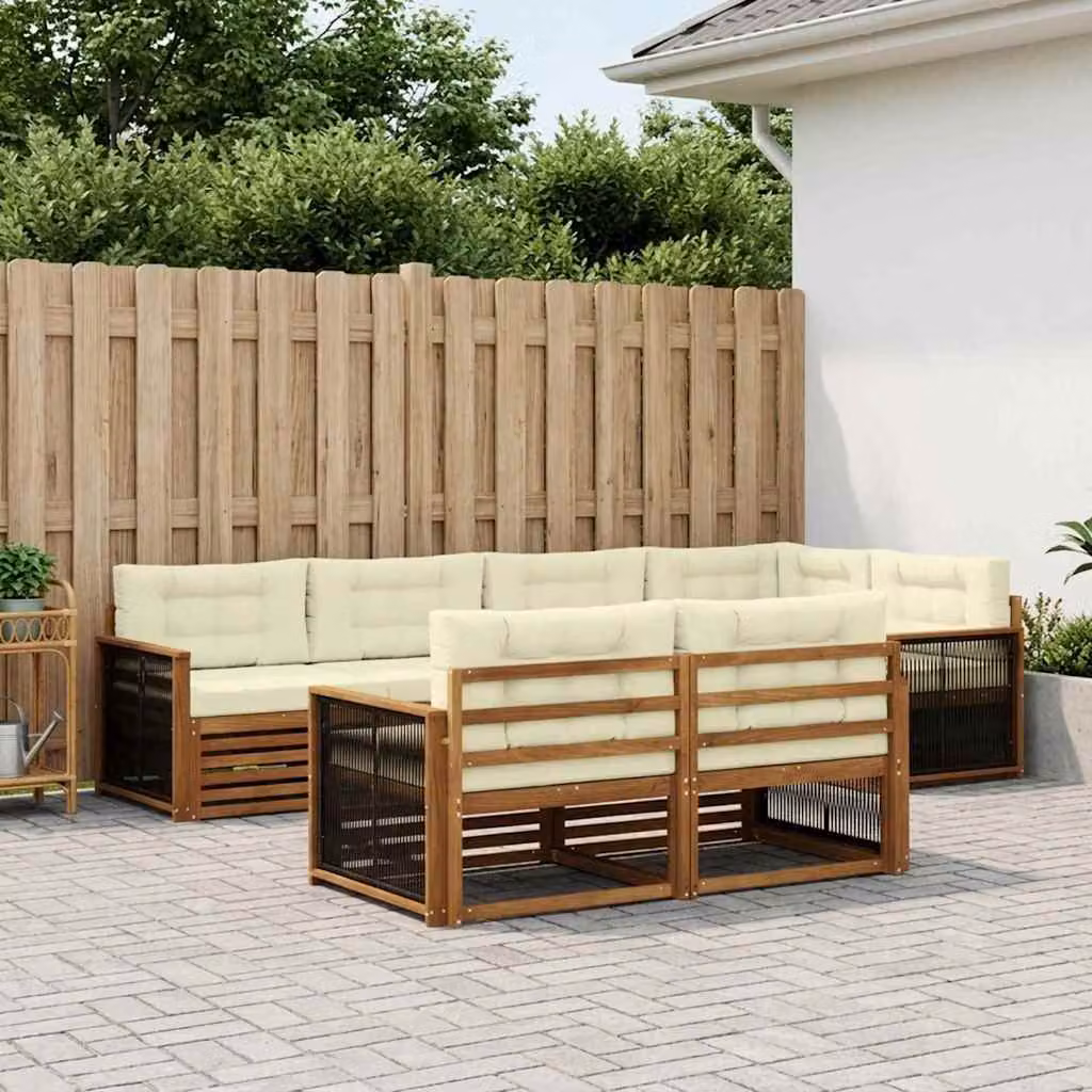 Set di divani da esterno vidaXL 7 pz in legno di acacia con cuscini, forma a L, beige e marrone
