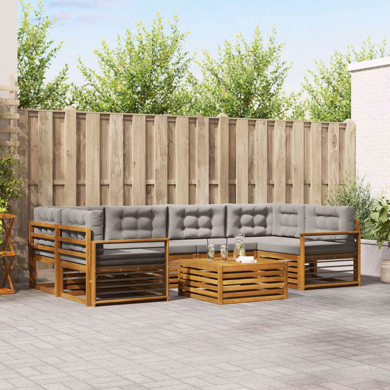 Set di divani da esterno vidaXL 7 pezzi in legno di acacia con tavolo da caffè e cuscini, forma a L, Grigio e Marrone