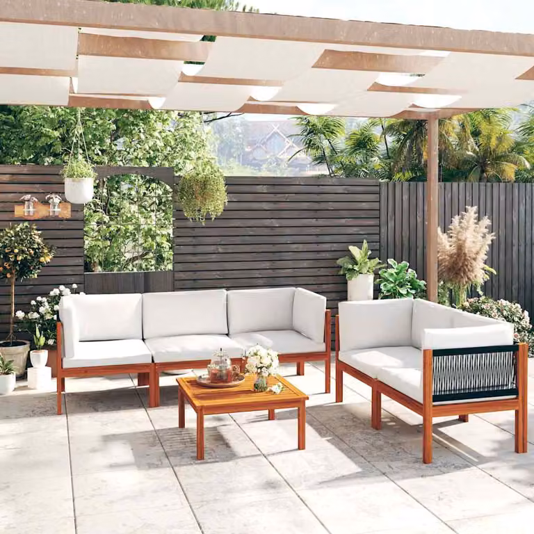 Set da giardino vidaXL in legno di acacia con cuscini beige e bianchi, 6 pezzi